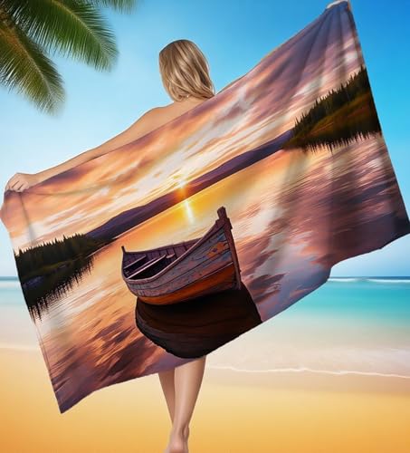 Strandtuch XXL 90x180 cm Mikrofaser Handtuch Boot Sonnenuntergang Saunahandtuch Hamamtuch Groß Stranddecke, Sandfreies Schnell Trocknendes Strandtuch Damen Herren für Reise Urlaub Campin P-8311 von POOJNNPP