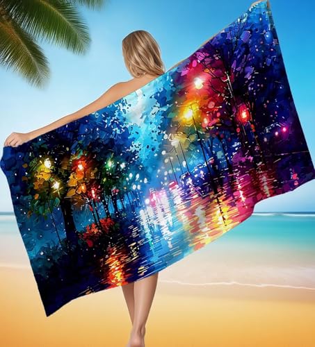 Strandtuch XXL 90x180 cm Mikrofaser Handtuch Nachtansicht Baum Saunahandtuch Hamamtuch Groß Stranddecke, Sandfreies Schnell Trocknendes Strandtuch Damen Herren für Campin mit Wasserdicht Tasche P-8527 von POOJNNPP