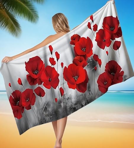 Strandtuch XXL 90x180 cm Mikrofaser Handtuch Rot Mohn Saunahandtuch Hamamtuch Groß Stranddecke, Sandfreies Schnell Trocknendes Strandtuch Damen Herren für Urlaub Campin mit Wasserdicht Tasche P-8371 von POOJNNPP