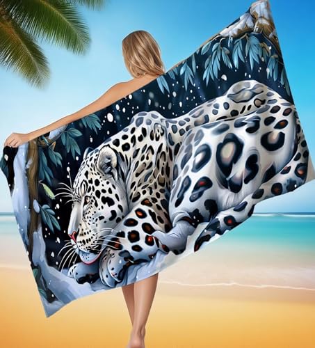Strandtuch XXL 90x180 cm Mikrofaser Handtuch Tier Leopard Saunahandtuch Groß Stranddecke, Sandfreies Schnell Trocknendes Strandtuch Damen Herren für Reise Urlaub Campin mit Wasserdicht Tasche P-8551 von POOJNNPP