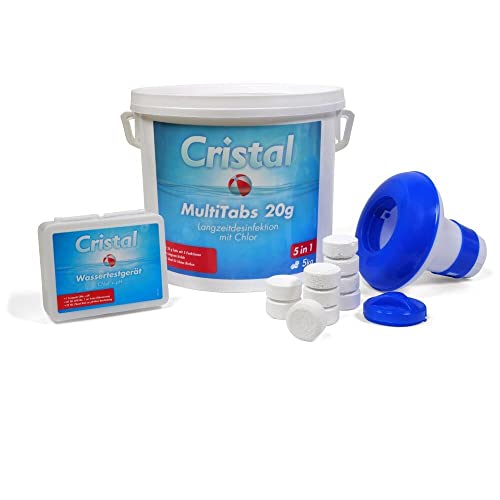 Cristal Multitabs Chlor Cristal - 5 kg - Komplettset mit Wassertestgerät & Chlordosierer - Poolpflege für kristallklares Wasser von POOL Total