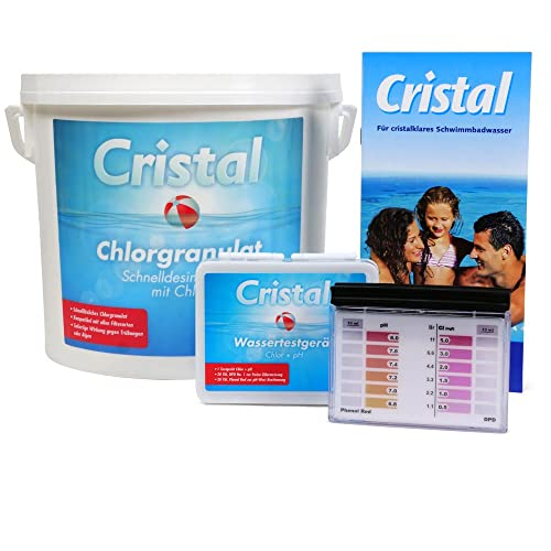 Cristal Pool Chlorgranulat 5 kg - Schnell löslich - inkl. Wassertestgerät pH Chlor - Pflegebroschüre - Schnelldesinfektion mit Pooltester manuell von POOL Total