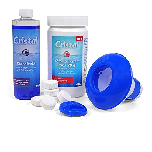 Cristal Chlor-Langzeit-Tabs 20 g + Klareffekt + Dosierschwimmer | Langsam lösliche Chlortabs zur Langzeitdesinfektion | Sehr hoher Aktivchlorgehalt | Dosierung über Skimmer Stabilisator | 1 Kg von POOL Total