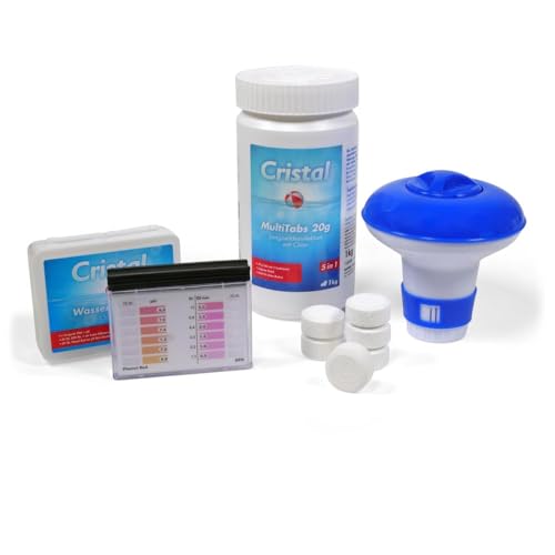 Cristal Set: 1 kg Mini MultiTabs Chlor 20 g mit 5 in 1 Pflege inkl. Chlordosierer, Wassergestgerät, Pflegebroschüre - Wirksame Langzeitdesinfektion mit Komplettpflege für den Pool von POOL Total