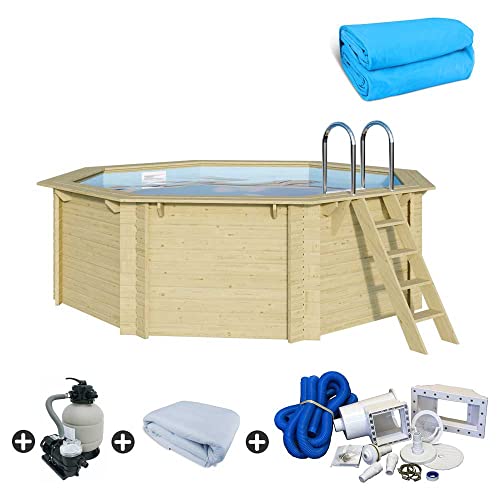 Holzpool Komplett-Set Achteck Schwimmbecken - Inkl. Massivholz Treppe Edelstahl Einbauleiter Filteranlage und Pumpe Poolvlies Innenhülle Breitmaulskimmer Trend Pool (4,70 x 4,70 x 1,24 m, Blau) von POOL Total