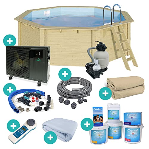 Holzpool umfangreiches Komplett-Set Warm & Clean Achteck Schwimmbecken - Wärmepumpe Bypass Anschluss PoolLab Poolflex-Druckschlauch hochwertige Wasserpflege (4,70 x 4,70 x 1,24 m Sandfarben) von POOL Total