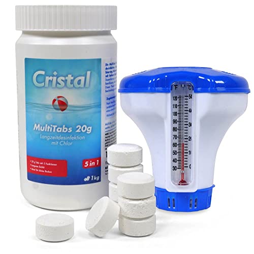 Cristal Multitabs Chlor mit Dosierer & Thermometer - Komplettset für Whirlpool & Pool - Wasserpflege 5-in-1 - Praktisch & Effektiv von POOL Total