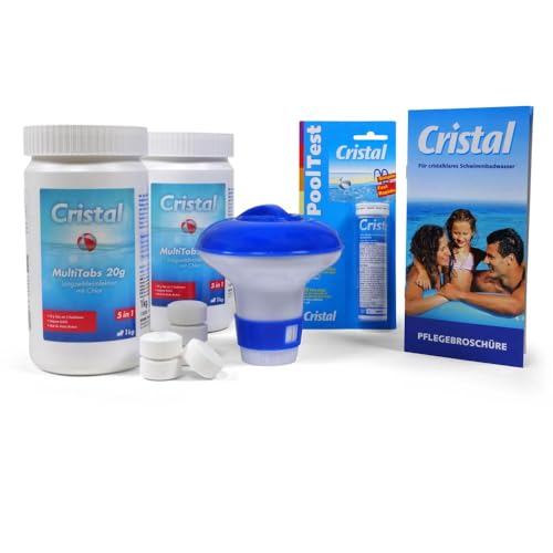 MultiTabs Chlor 2 kg mit 5 Funktionen 20 g Multifunktionstablette Langzeitdesinfektion Algenvernichtung Trübungsentfernung Chlorstabilisierung Härtestabilisator + Chlordosierer + Teststreifen von POOL Total