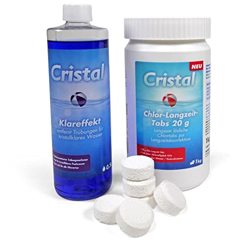 Cristal Chlor-Langzeit-Tabs 20 g + Klareffekt | Langsam lösliche Chlortabs zur Langzeitdesinfektion | Sehr hoher Aktivchlorgehalt | Dosierung über Skimmer Dosierschwimmer Stabilisator | 1 Kg von POOL Total