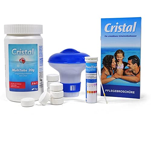 Cristal Pool e-Chlor Set - 5 in 1 Chlor MultiTabs - Dosierschwimmer - Teststreifen pH-Wert + Chlor 50 x - Langzeitdesinfektion - Trübungsentfernung von POOL Total