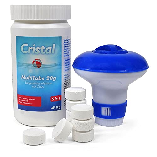 Cristal MultiTabs 5in1 Chlor Komplettpflege (20g) + Chlordosierer Bundle | Langzeitdesinfektion Algenvernichtung Trübungsentfernung Chlorstabilisierung Härtestabilisator (1 kg Dose) von POOL Total