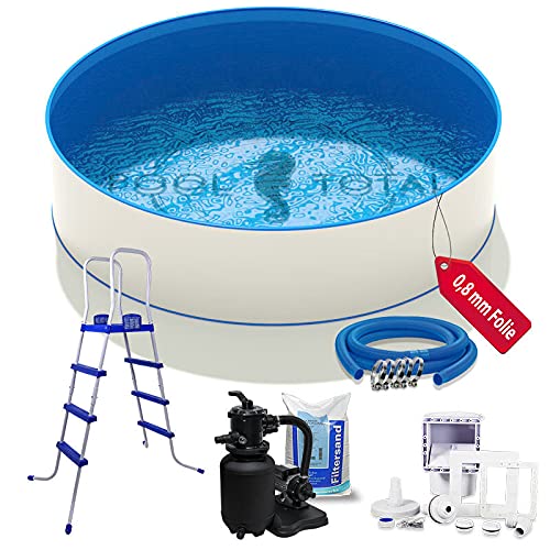 POOL Total Rundpool-Set Komfort+ Ø2,50 x 1,20m Folie 0,8mm/ Stahlwandpool Stahlrahmenbecken Swimmingpool inkl. Sandfilteranlage, Sand, Skimmer-Set, Schlauch und Leiter von POOL Total