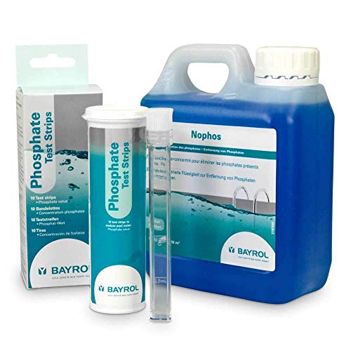 Set> BAYROL Nophos 1,0 l + Phosphat Teststreifen/Phosphatentferner Poolwasser Pool/Verstärkt Wirkung von Algenmittel und Desinfektion von POOL Total