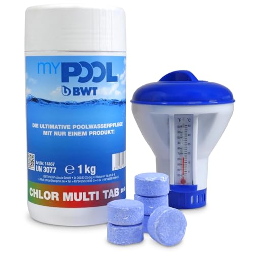 myPOOL Chlor MultiTabs Mini 20g 1kg inkl Dosierschwimmer mit Thermometer - 4in1 Poolpflege Dauerchlorung Algenverhütung Trübungsbeseitigung pH Stabilisator für Minipools ab 2000l von POOL Total