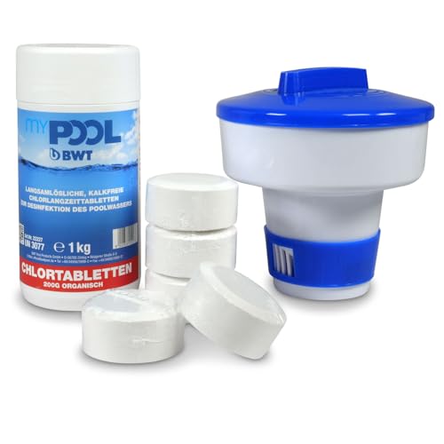 myPOOL Chlordepot Tabs 200g Langzeittabletten 1 kg inkl. Dosierschwimmer - Organische langsam lösliche Chlortabletten zur Desinfektion des Poolwassers - Geeignet für Pools bis 20.000 Liter von POOL Total