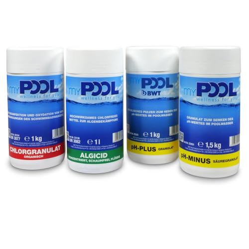 myPOOL Starter-Set Chlor Basic 4,5 kg - 4-teiliges Poolpflege Set auf Chlorbasis für kleine Pools - Mit pH Plus pH Minus Chlorgranulat und Algenschutz myPOOL Starter-Set Chlor Basic 4,5 kg - 4-teiliges Poolpflege Set auf Chlorbasis für kleine Pools - Mit pH Plus pH Minus Chlorgranulat und Algenschutz von POOL Total