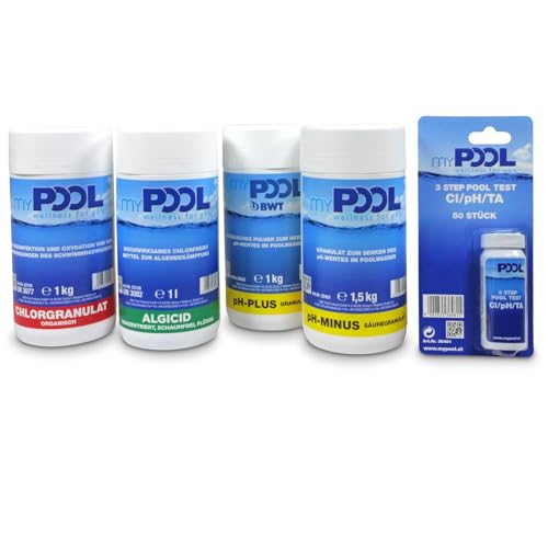 myPOOL Wasserpflege Set 4,6 kg - 5-teiliges Starter Set auf Chlorbasis - pH Plus pH Minus Chlorquick Granulat Algenschutz Teststreifen 50 STK zur Poolpflege und Desinfektion myPOOL Wasserpflege Set 4,6 kg - 5-teiliges Starter Set auf Chlorbasis - pH Plus pH Minus Chlorquick Granulat Algenschutz Teststreifen 50 STK zur Poolpflege und Desinfektion von POOL Total