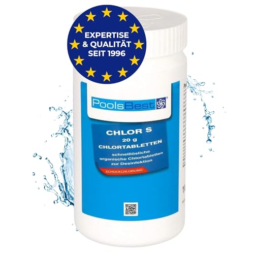 PoolsBest 1kg Chlor S 20g I schnelllösliche Chlortabletten für Pool I Poolpflege Chlortabs für Kinderpool, Whirlpool, Planschbecken I Stoßchlorung Tabletten zur Desinfektion I Pool Zubehör von PoolsBest