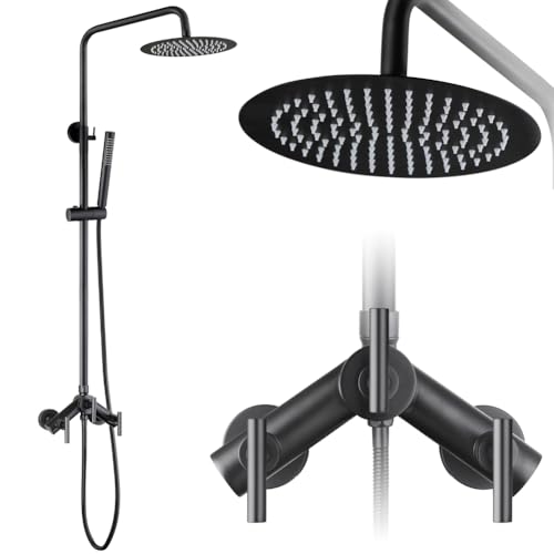 POP SANITARYWARE Outdoor Duschset Mattschwarz 2 Griff Duscharmatur Set Wandmontage Duscharmatur Hochdruck 8 Zoll Duschkopfsystem und Handbrause Combo von POP SANITARYWARE