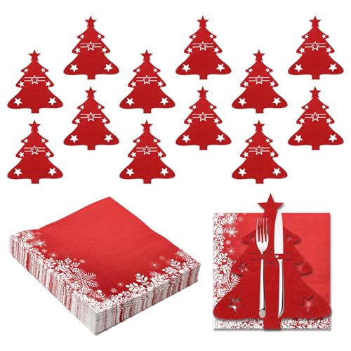 12 Stück Besteckhalter Weihnachten Rot Weihnachten Besteckhalter Filz mit 40 Servietten Weihnachten Bestecktasche Tannenbaum Weihnachtsbaum Bestecktasche für Tischdeko Weihnachten Party von POPAPIE