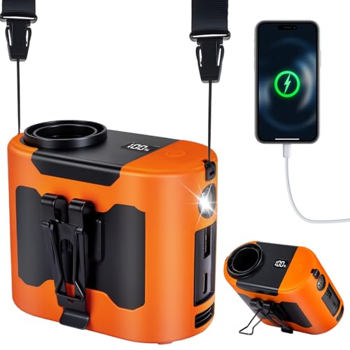 POPERFUN Taillen Ventilator 14800mAh 40H, Tragbarer Ventilator Wiederaufladbar, 5 Geschwindigkeiten 16000U/min mit LED-Beleuchtung Clip Ventilator für Arbeiten im Freien, Camping, Reisen,Angeln Orange von POPERFUN