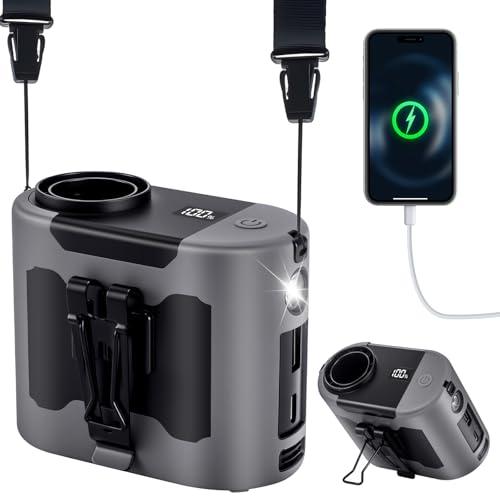 POPERFUN Taillen Ventilator 14800mAh 40H, Tragbarer Ventilator Wiederaufladbar, 5 Geschwindigkeiten 16000U/min mit LED-Beleuchtung Clip Ventilator für Arbeiten im Freien, Camping, Reisen,Angeln Grau von POPERFUN