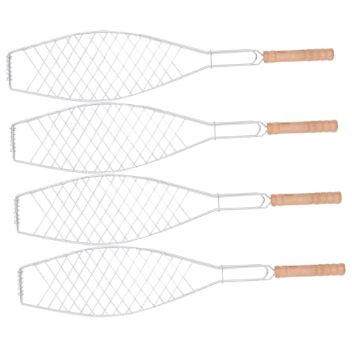 POPETPOP 4 Stück Teiliges Fischgrillnetz aus Metall mit Holzgriff Antihaftbeschichteter Grillkorb für BBQ für Camping Picknick und Outdoor grillwerkzeug Langlebig und Handlich Verhindert von POPETPOP