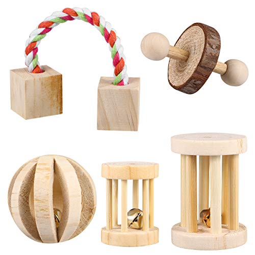 POPETPOP 5 Stück Hamster Kauspielzeug Natürliche Holz Kauen Spielzeug Übung Spielen Bell Roller Zahnpflege Molar Spielzeug für Hamster Hase Kaninchen Ratten Rennmäuse und andere kleine Tiere von POPETPOP