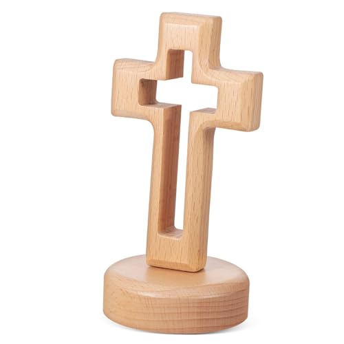 POPETPOP Holz Kreuz Dekoration mit Sockel Stehendes Hohles Buchenholz Kreuz Ornament für Haus Büro Kompakte Glatte Verarbeitung Religiöse Gebetsdekoration von POPETPOP