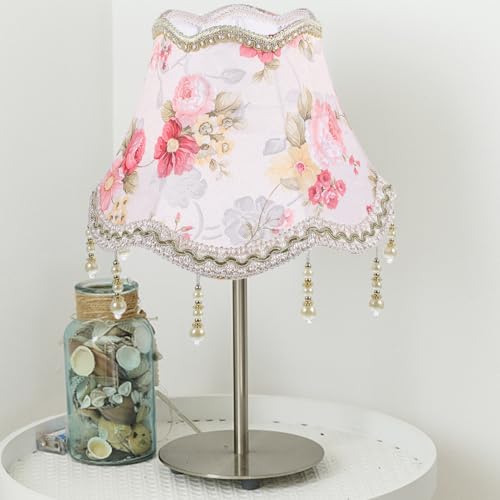 POPETPOP Retro Stoff Lampenschirm mit Blumenmuster und Fransenperlen Dekorativer Rosa Lampenschirm für Tischlampe Weiches Licht Eleganter Vintage Stil Geeignet für Schlafzimmer und von POPETPOP