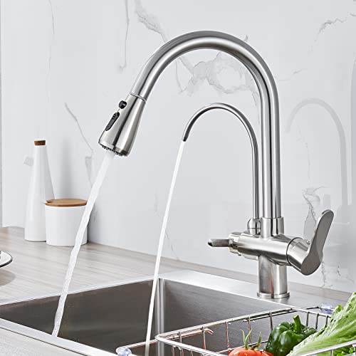 POPFLY Küchenarmatur mit Trinkwasserhahn, 3-in-1-Wasserfilter-Reiniger-Wasserhahn, 2 Griffe mit herausziehbarem Sprüher, gebürstetes Nickel POPFLY Küchenarmatur mit Trinkwasserhahn, 3-in-1-Wasserfilter-Reiniger-Wasserhahn, 2 Griffe mit herausziehbarem Sprüher, gebürstetes Nickel von POPFLY