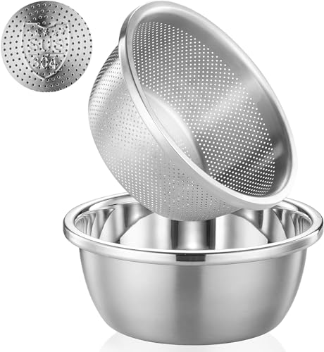 POPGRADE 304 Edelstahlsieb, mikroporöses Sieb und Rührschüssel für Küche, Kochen, Reissieb mit Waschschüssel zum Abseihen von Nudeln, Obst und Gemüse (2 Stück) von POPGRADE