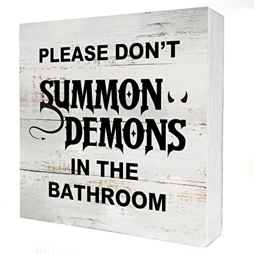 Lustiges Holzkästchen-Schild mit Aufschrift "Please Don't Summon Demons in the Bathroom", rustikales Badezimmer-Holzblock-Schild für Zuhause, Büro, Regal, Tischdekoration (12,7 x 12,7 cm) von POPIPU ART