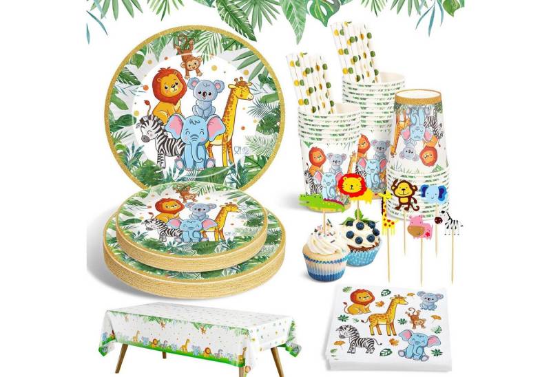 POPOLIC Einweggeschirr-Set 134 Stück Dschungel Safari Partygeschirr Set (1-tlg), 25 Personen, Kindergeburtstag Geburtstag Deko Wild One Partyzubehör Babyparty Set von POPOLIC