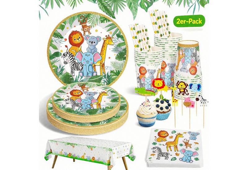 POPOLIC Einweggeschirr-Set 134 Stück Dschungel Safari Partygeschirr Set (2-tlg), 25 Personen, Kindergeburtstag Geburtstag Deko Wild One Partyzubehör Babyparty Set von POPOLIC