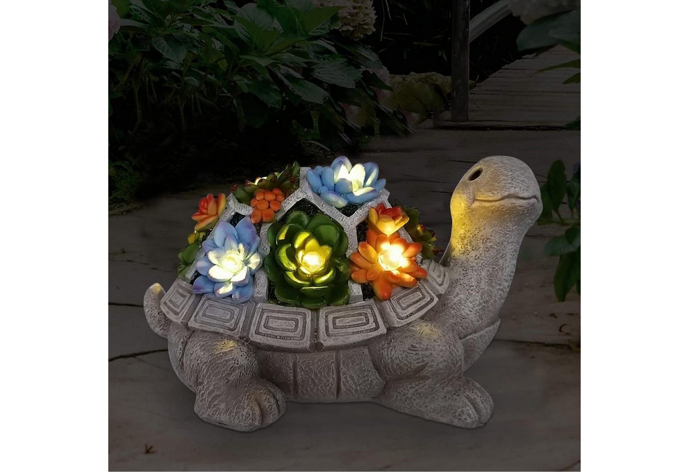POPOLIC Gartenfigur Solar Gartenfiguren Schildkröte Gartendeko für Draußen, (1 St., Figur Kawaii Geschenke für Frauen/Mama Deko für Zimmer Terrasse), mit Sukkulenten und 7 LED Leuchten Home Balkon Dekoration von POPOLIC
