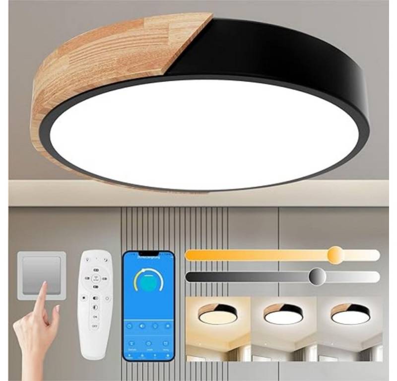 POPOLIC LED Deckenleuchte 24-W-moderne Leuchte, Deckenleuchte Holz, dimmbare Decke 3000k-6000k, ferngesteuerte LED-Deckenleuchte, für Wohnzimmer und Flur, Schwarz von POPOLIC