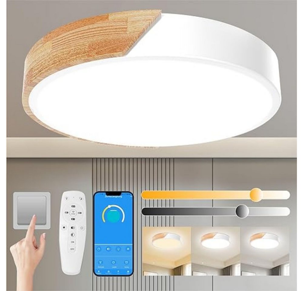 POPOLIC LED Deckenleuchte 24-W-moderne Leuchte, Deckenleuchte Holz, dimmbare Decke 3000k-6000k, ferngesteuerte LED-Deckenleuchte für Wohnzimmer und Flur, 30 cm, Weiß von POPOLIC