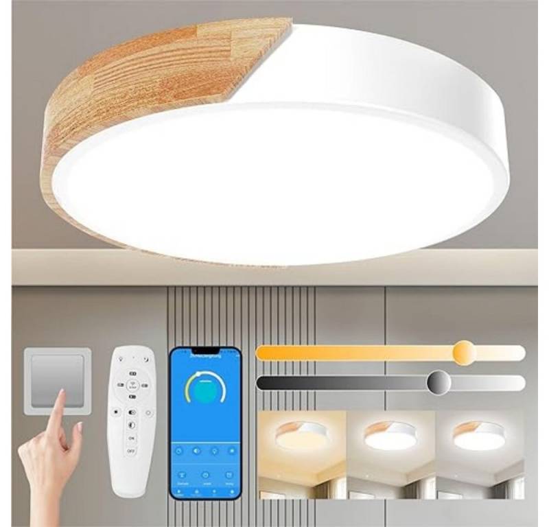 POPOLIC LED Deckenleuchte 24-W-moderne Leuchte, Deckenleuchte Holz, dimmbare Decke 3000k-6000k, ferngesteuerte LED-Deckenleuchte für Wohnzimmer und Flur, 30 cm, Weiß von POPOLIC