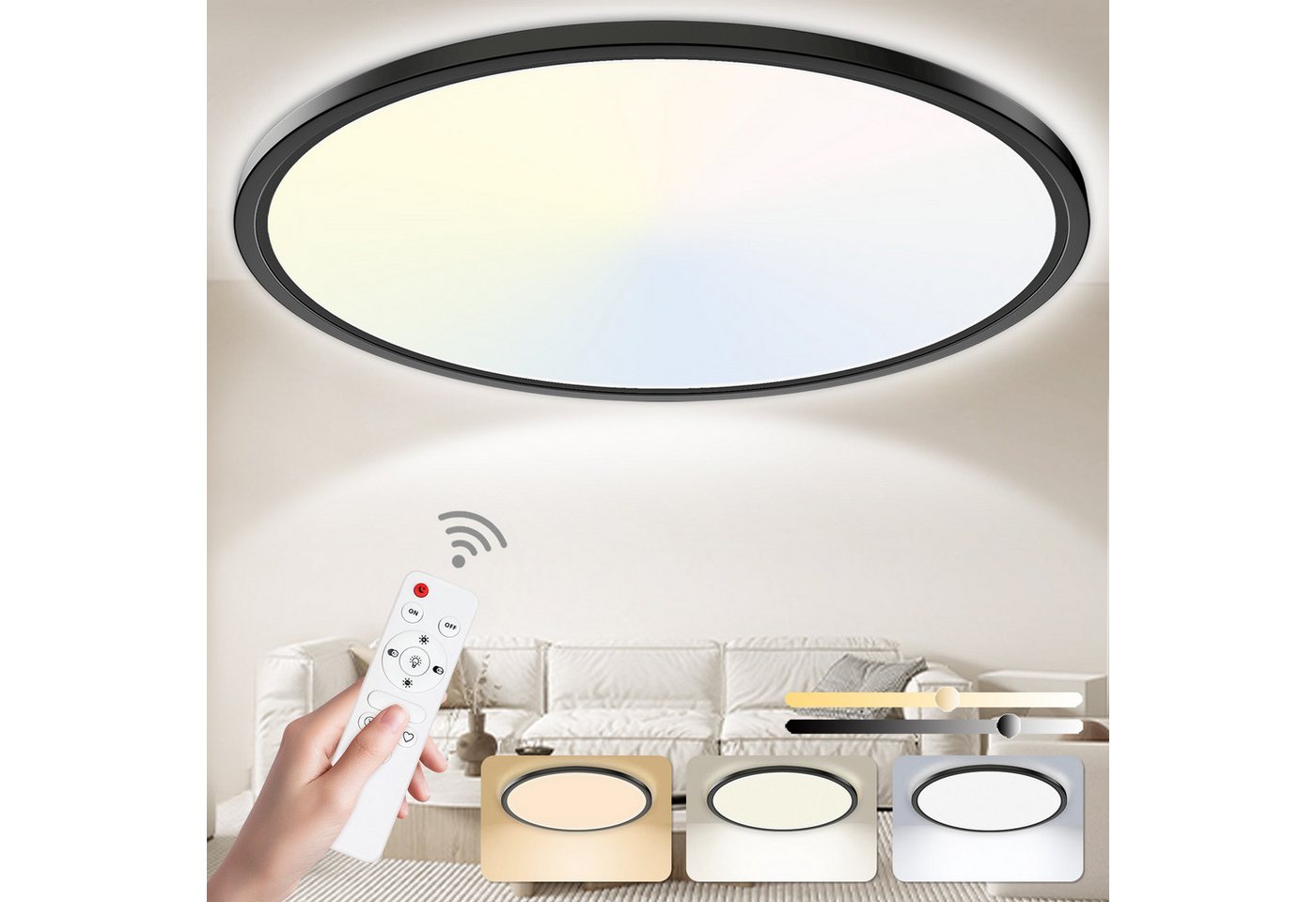 POPOLIC LED Deckenleuchte 24W 3200LM Deckenlampe Flach Dimmbar mit Fernbedienung 3000K-6000K, IP54 Ultra Dünn Schlafzimmer Lampe, Ø30cm Rund Schwarz von POPOLIC