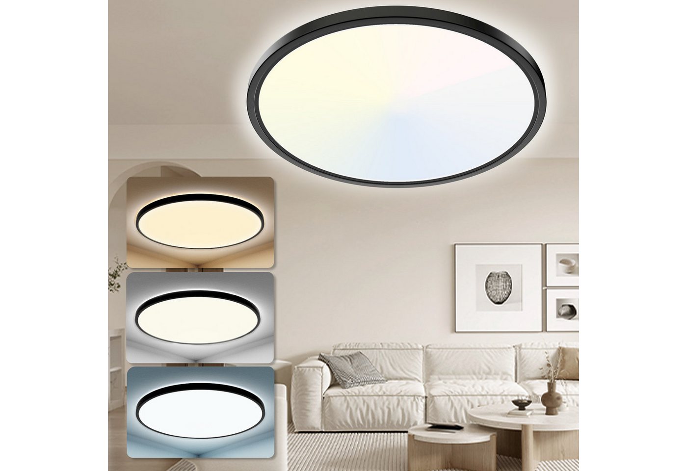 POPOLIC LED Deckenleuchte 24W 6000K/4000K/3000K, Deckenlampe 3 Farbtemperatur 3200LM IP54, Rund Flach Modern Schlafzimmer Lampe Ø30cm von POPOLIC