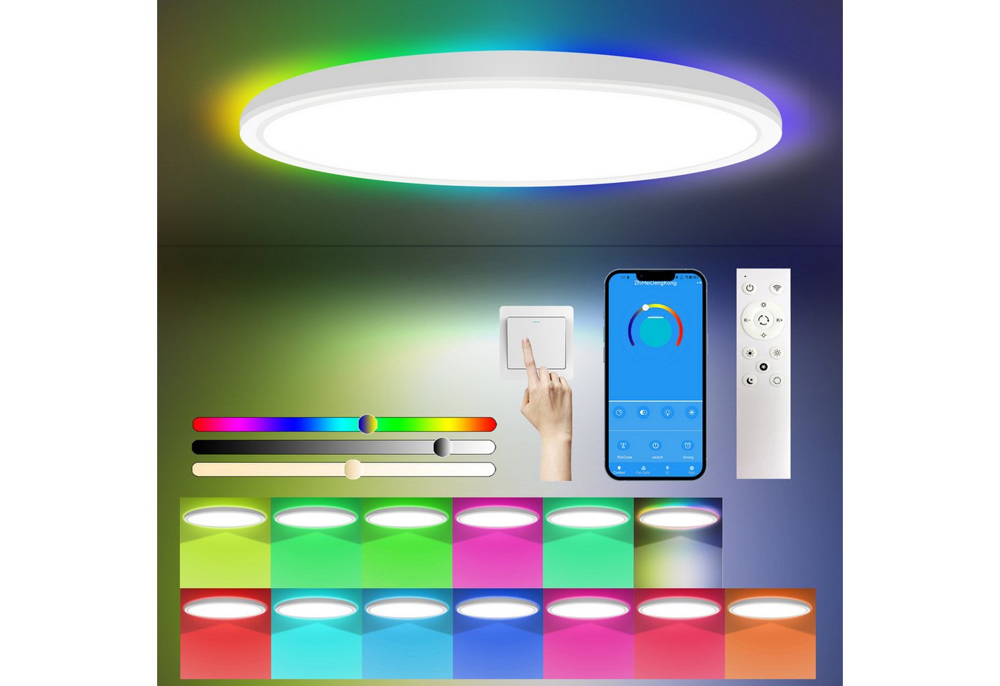 POPOLIC LED Deckenleuchte 24W RGB Farbwechsel Rund Deckenbeleuchtung 3000K-6000K, 3200 lm, Badezimmer-Deckenleuchte mit Fernbedienung, dimmbar von POPOLIC