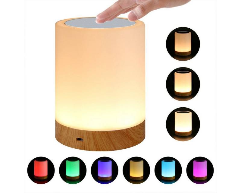 POPOLIC Nachttischlampe LED Nachttischlampe,Tischlampe Touch Dimmbar mit 7 Farben, Touch Tischlampe,Dimmbar,LED Nachttischlampe, Holzmaserung,Aufladbar von POPOLIC