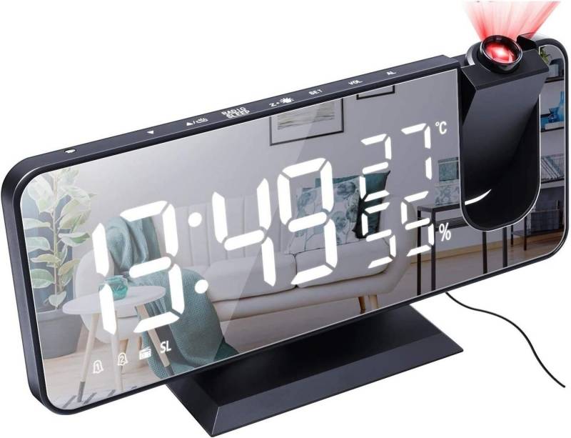 POPOLIC Projektionswecker Radio-Projektionswecker mit Temperatur- und Feuchtigkeitsanzeige elektronischer Wecker – Geschenkidee in Schwarz-Schwarz von POPOLIC