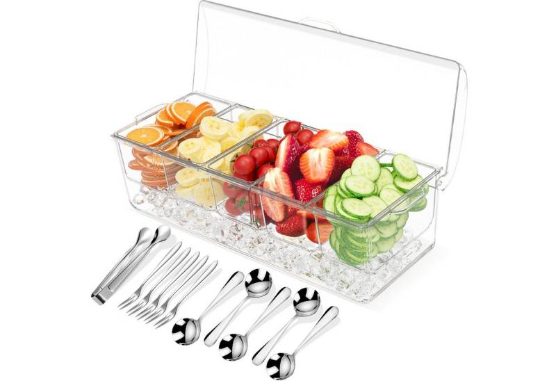 POPOLIC Salatbox Obstsalatbox aus Acryl mit 5 Fächern und Besteckset aus Edelstahl von POPOLIC