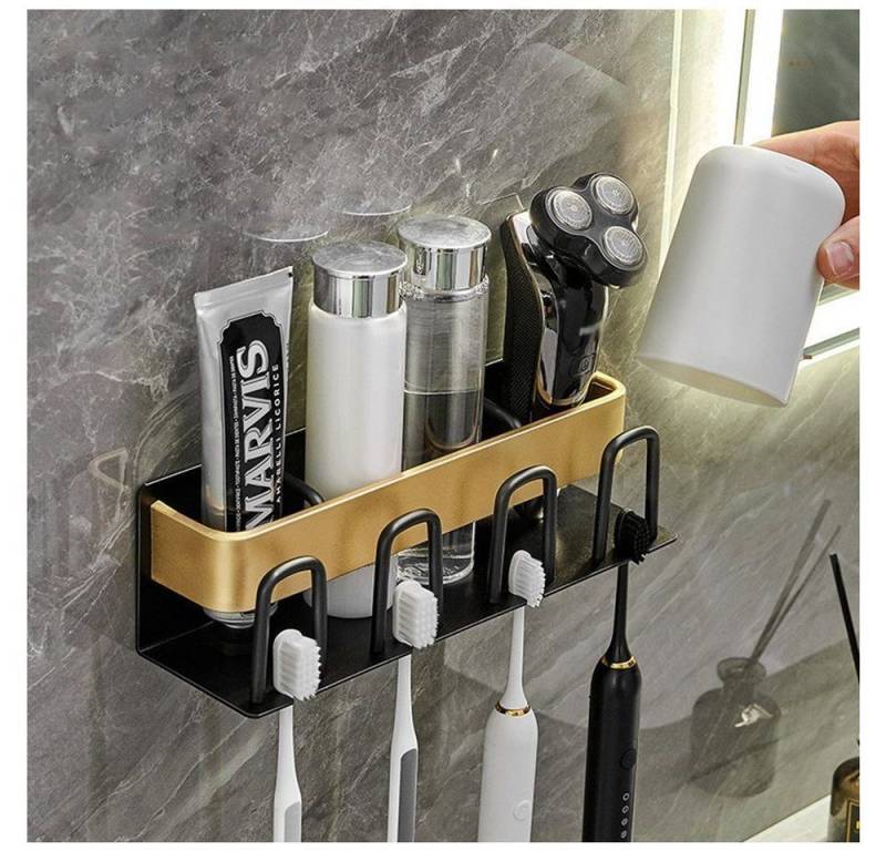 POPOLIC Zahnbürstenhalter Zahnbürstenhalter, Ohne Bohren mit 4 Bürstenschlitzen und Becherhalter, Wand Elektrisch Zahnbürste Halter,Zahnbürstenkopf Halter Selbstklebend von POPOLIC