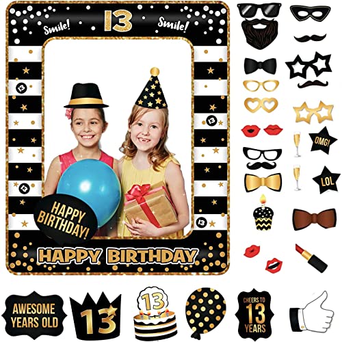 13.Geburtstag Deko Jungs Mädchen,Schwarzes Gold 13.Geburtstag Aufblasbarer Bilderrahmen & 33 Stück Foto Requisiten Party Foto Booth Props Fotobox Accessoires Geschenke für 13 Geburtstags Party Zubehör von POPOYU