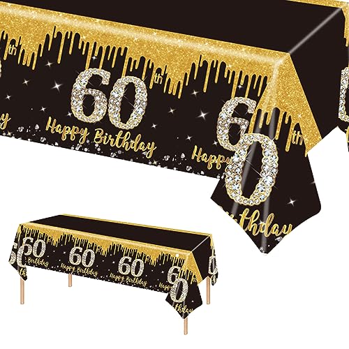 137 x 274 cm Schwarz und Gold zum Geburtstag Tischdecke Schwarz Gold Tischdeko für Mann Frau 60. Geburtstag,Rechteckige Kunststoff Tischdecke für Partydekorationen zum 60. Geburtstag von POPOYU