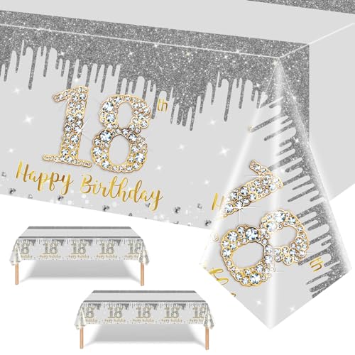 137 x 274 cm Silber und Gold zum Geburtstag Tischdecke,2 Stück Silber Gold Tischdeko für Mann Frau 18. Geburtstag,Rechteckige Kunststoff Tischdecke für Partydekorationen zum 18. Geburtstag von POPOYU