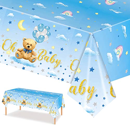 137 x 274cm Blau Teddybär Tischdecke für Baby Jungen Kunststoff Rechteckige Tischdecke Einweg Tischdecke Gender Reveal Tischdecke für Babyparty Jungen Blaubär Thema Geburtstag Party Dekoration von POPOYU